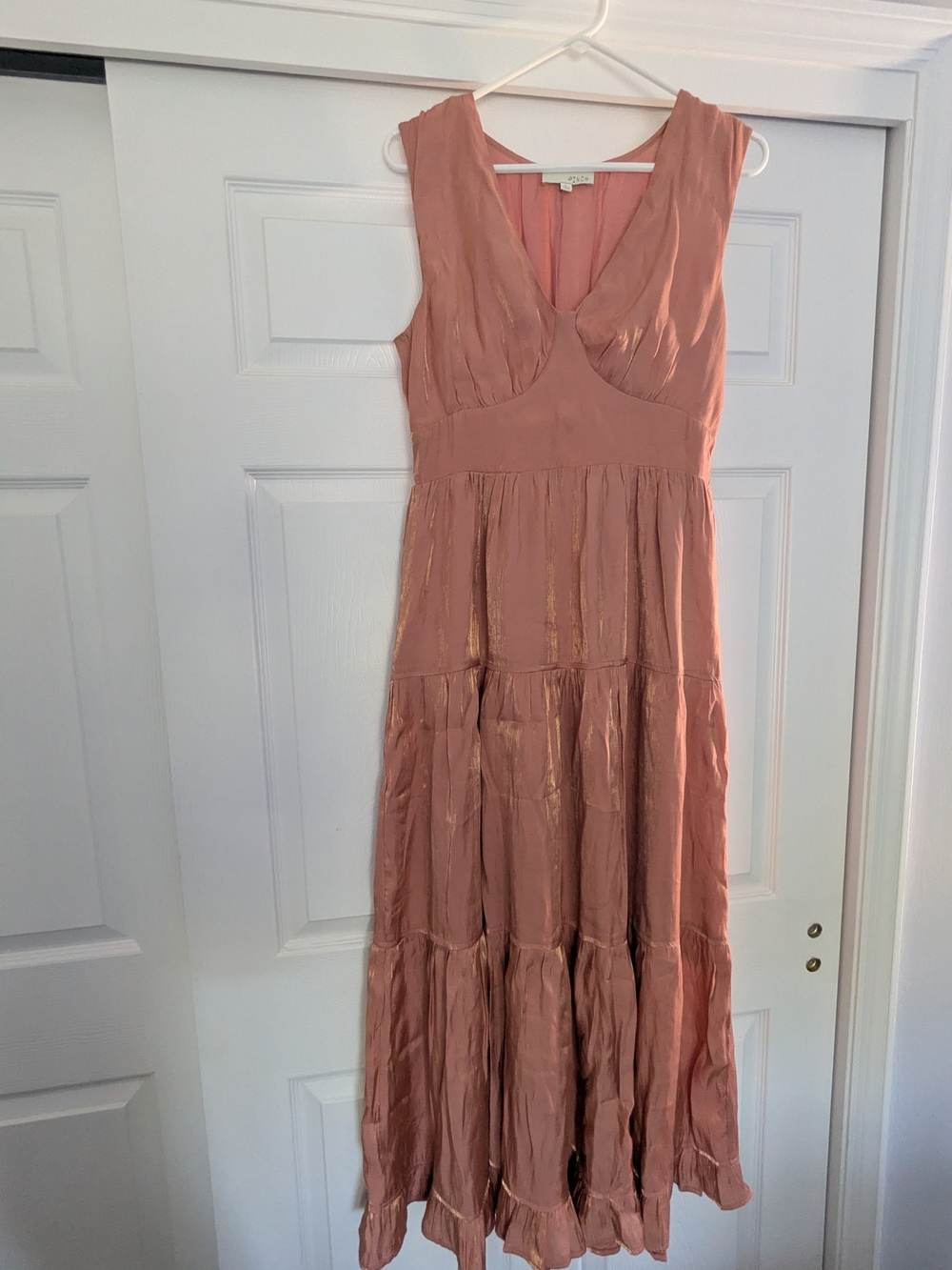 Pinch Sleeveless V-Neck Tiered Maxi Dress in Metallic Dusty Rose